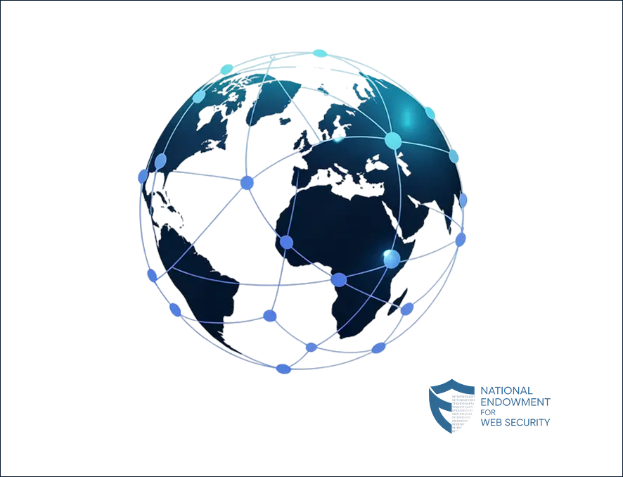 A globe with a network of connections, representing global web security